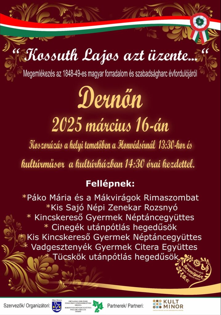 Megemlékezés Dernőn – fellép a Kis Sajó, Kincskeresők, Cinegék, Vadgesztenyék Citera Együttes és a Tücsök